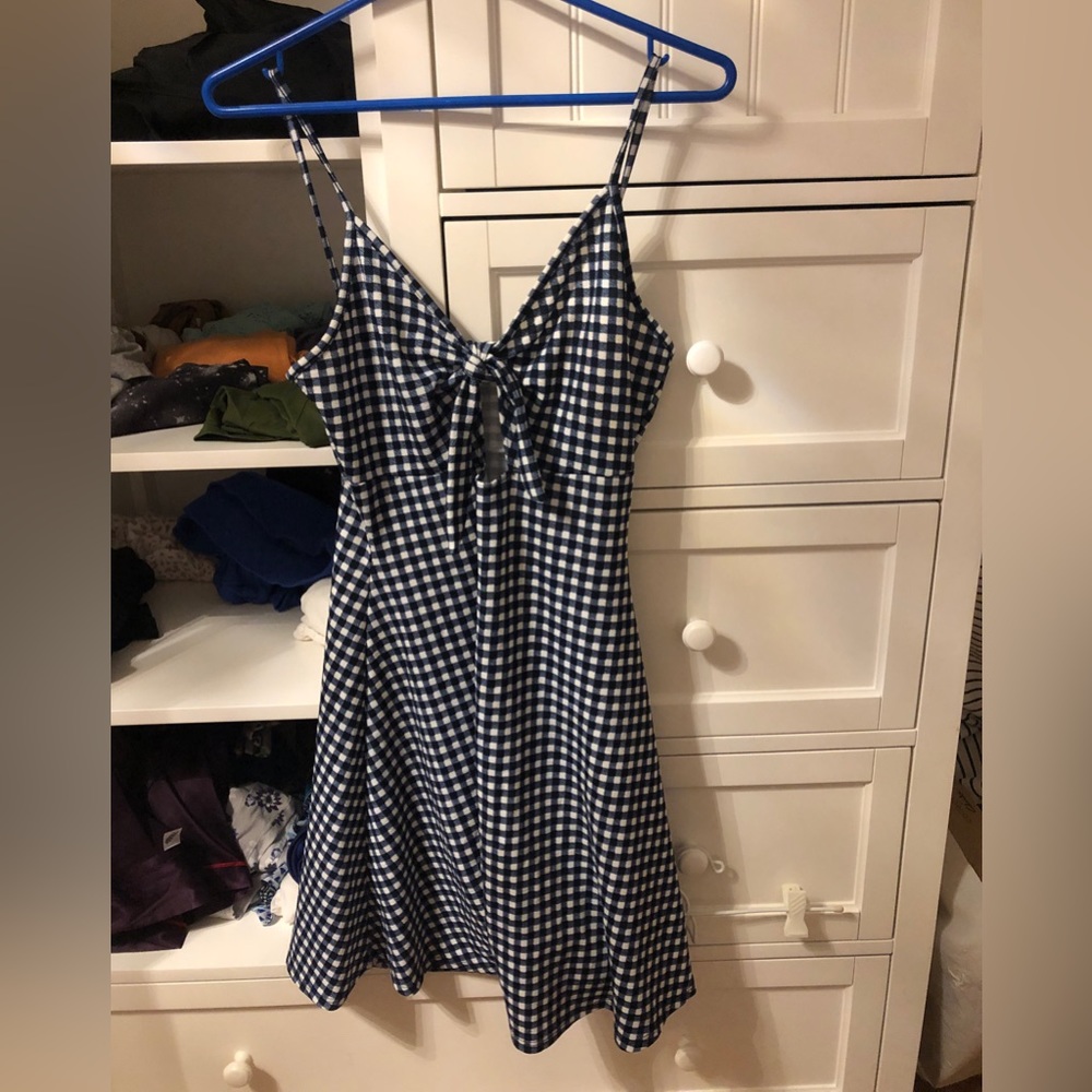 Rebel Sugar Navy Blue/White Gingham Plaid Front Cutout Tie Up Top A-Line Dress